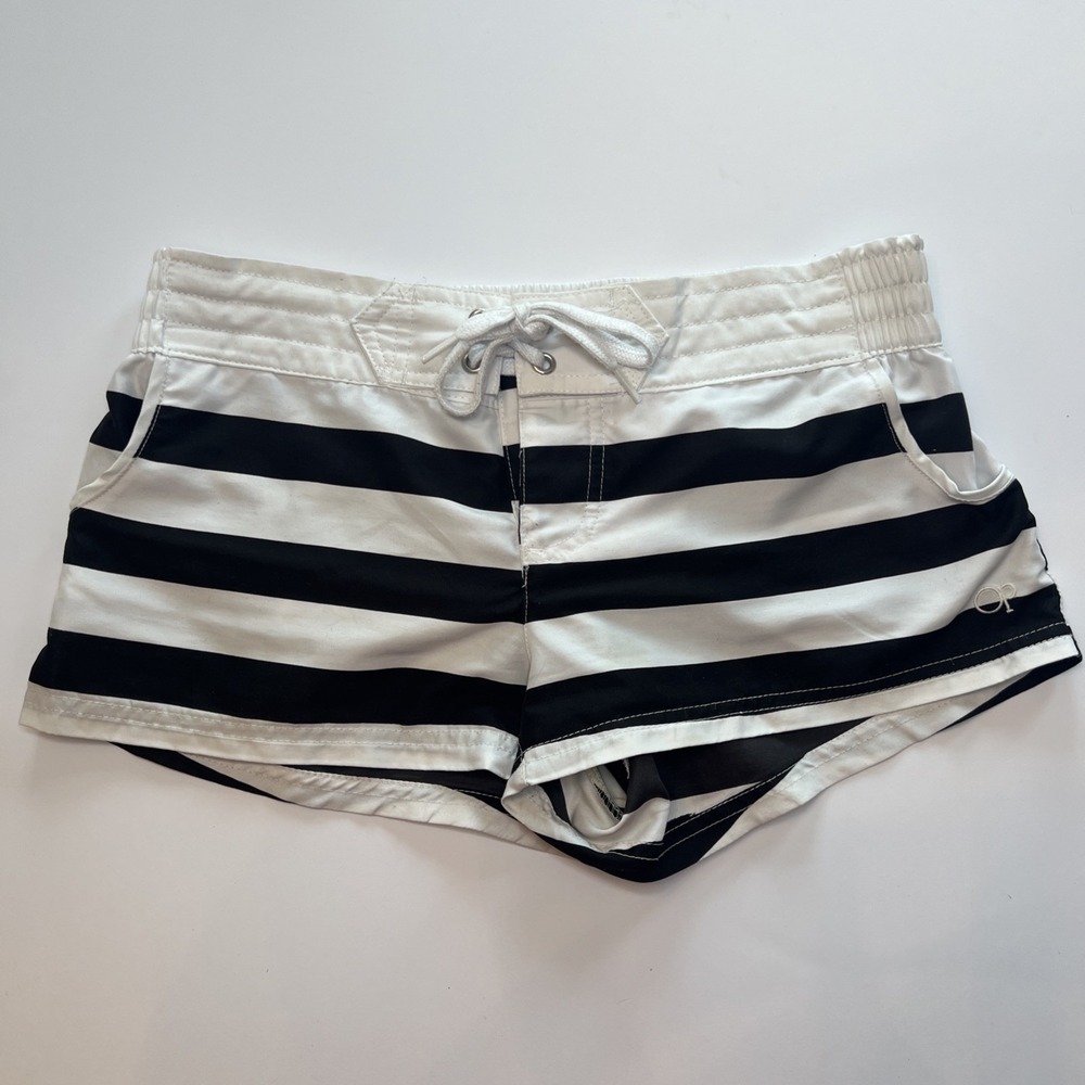 Y2K OP Ocean Pacific Black White Striped Board Shorts Low Rise Lace Up S 3-5